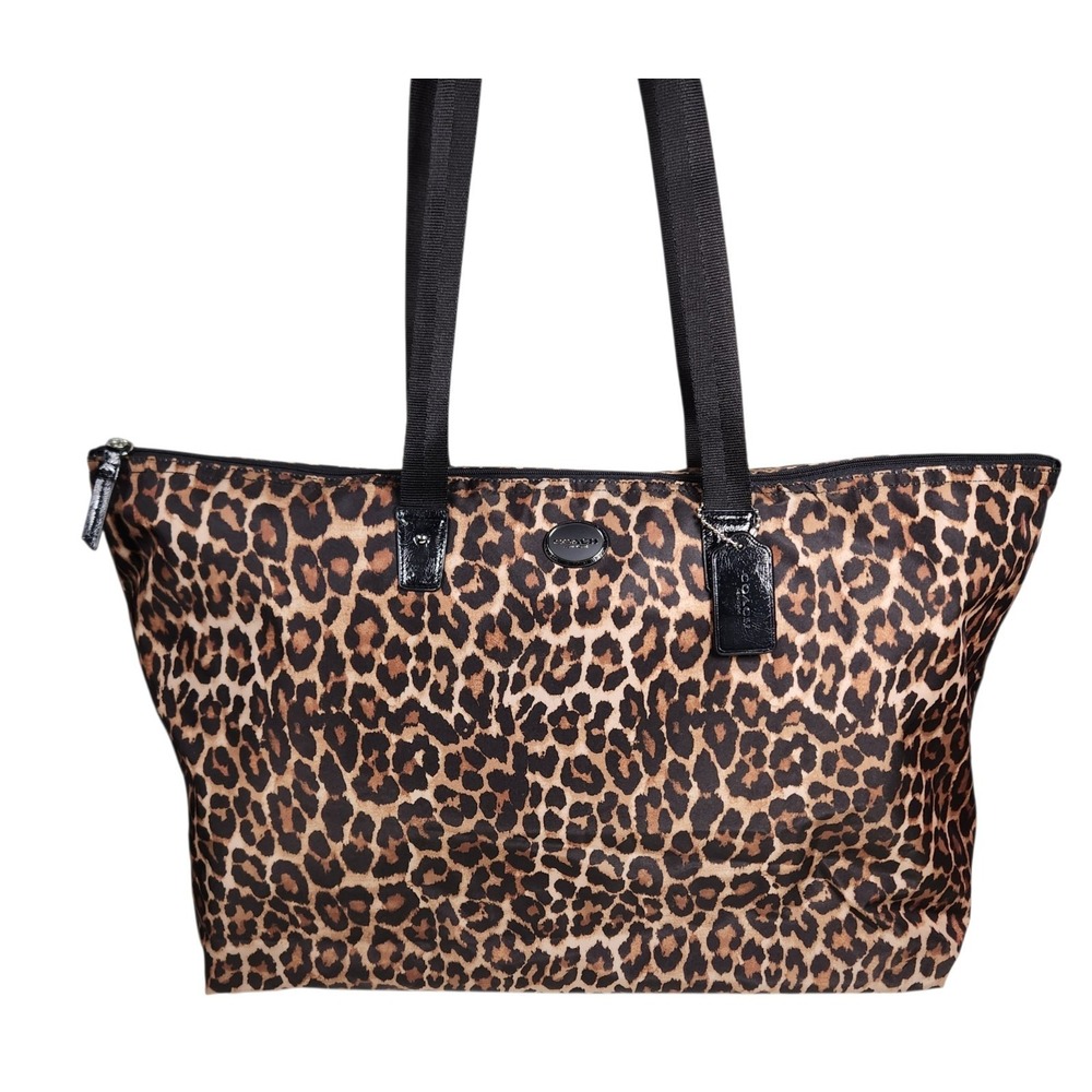 Coach Leopard Print Tote Large Nylon Zip Top Snap Pouch F77632 NWT (80)
